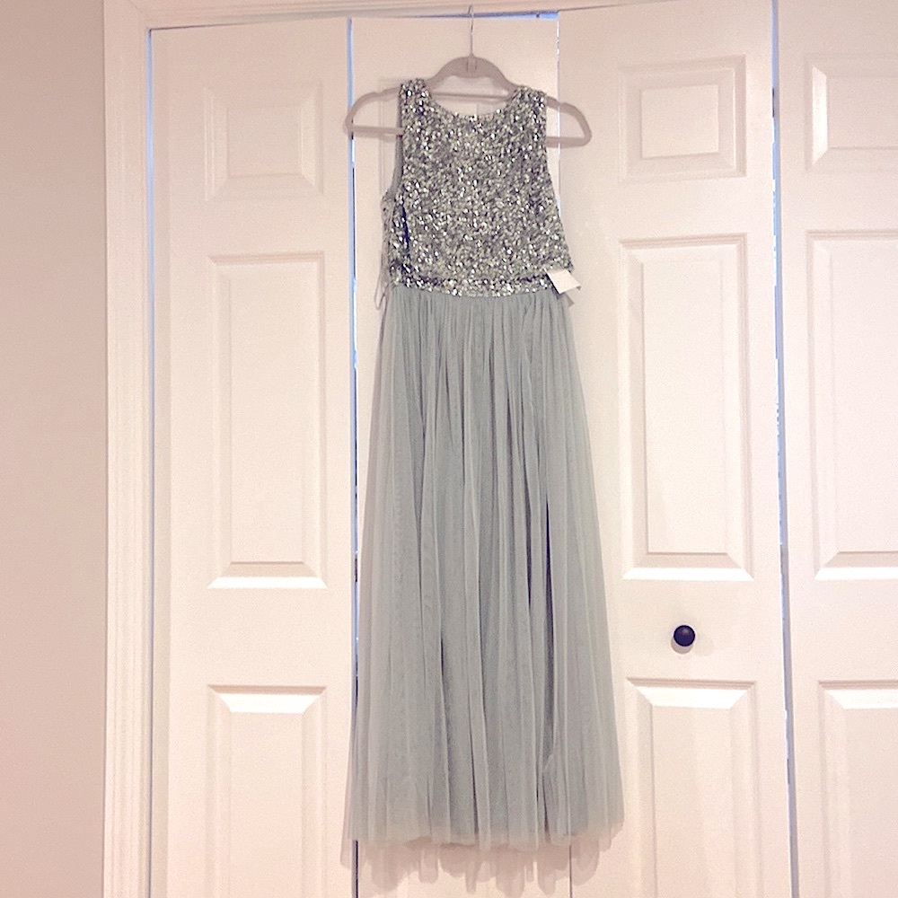Sage green sequin and tulle midi dress, size 2